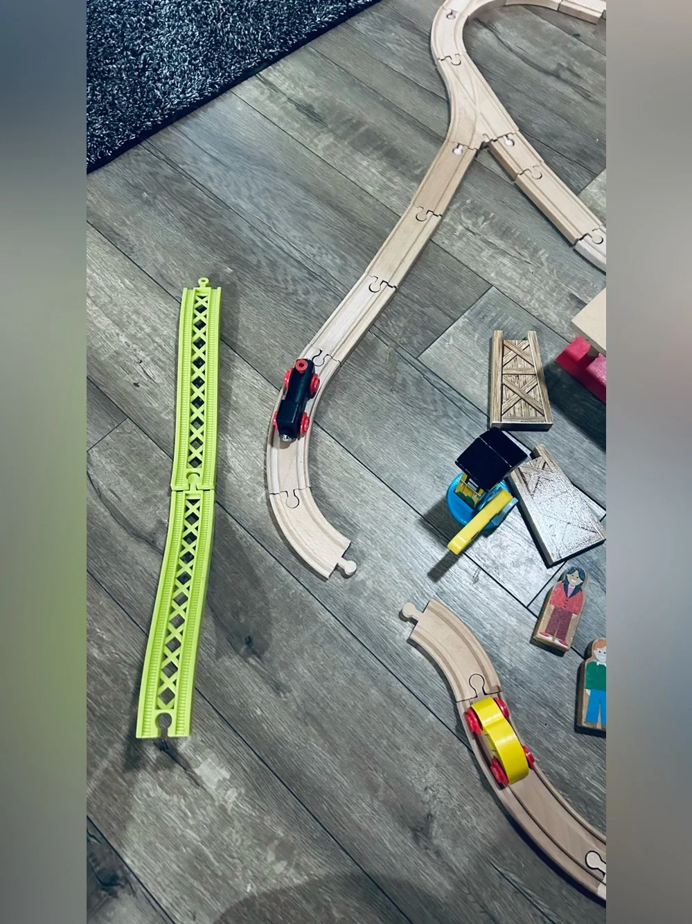 Lot of Wooden Train Tracks and Parts Assorted 35 Pieces Cars Signs Brio Thomas.